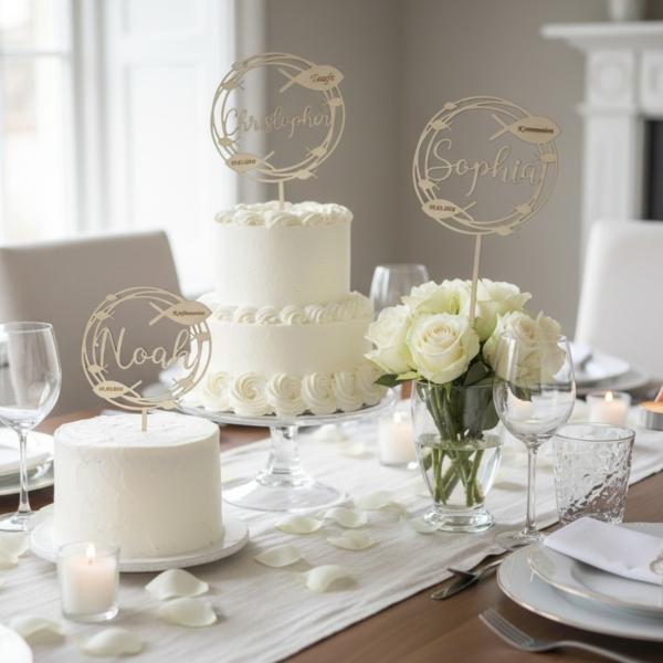 Runder Caketopper aus Birkenholz mit personalisiertem Namen, Anlass und Datum